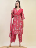 Women Silk Fuchsia Floral Print Kurta Comfort Pant Dupatta.