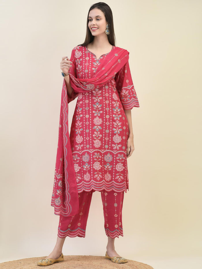 Women Silk Fuchsia Floral Print Kurta Comfort Pant Dupatta.