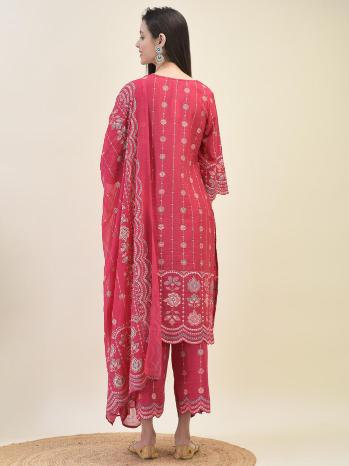 Women Silk Fuchsia Floral Print Kurta Comfort Pant Dupatta.