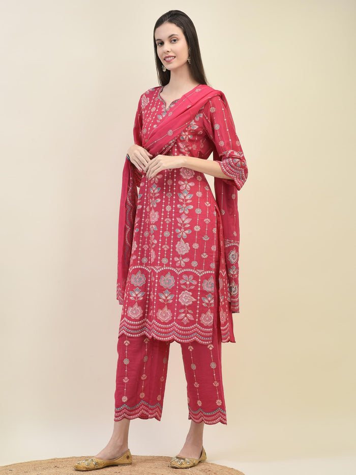 Women Silk Fuchsia Floral Print Kurta Comfort Pant Dupatta.