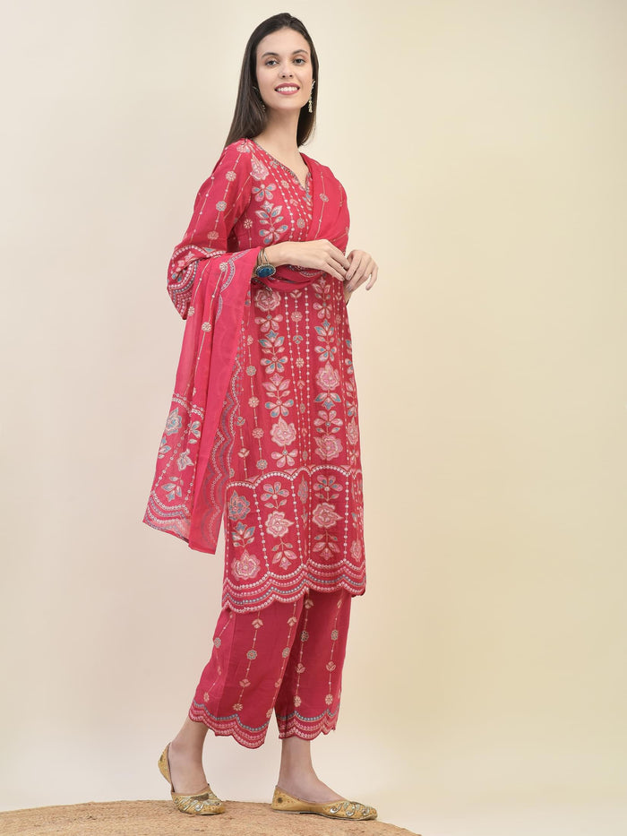 Women Silk Fuchsia Floral Print Kurta Comfort Pant Dupatta.