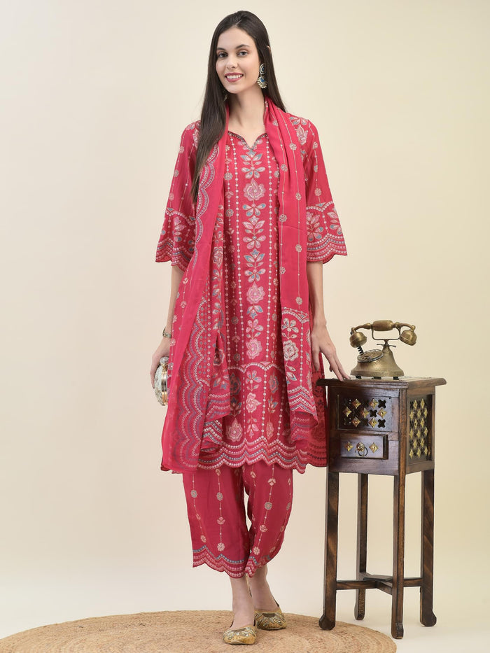 Women Silk Fuchsia Floral Print Kurta Comfort Pant Dupatta.