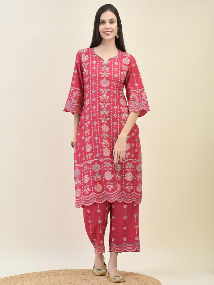Women Silk Fuchsia Floral Print Kurta Comfort Pant Dupatta.