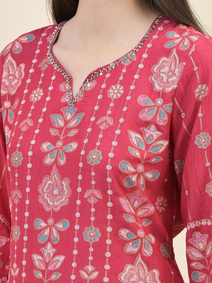 Women Silk Fuchsia Floral Print Kurta Comfort Pant Dupatta.