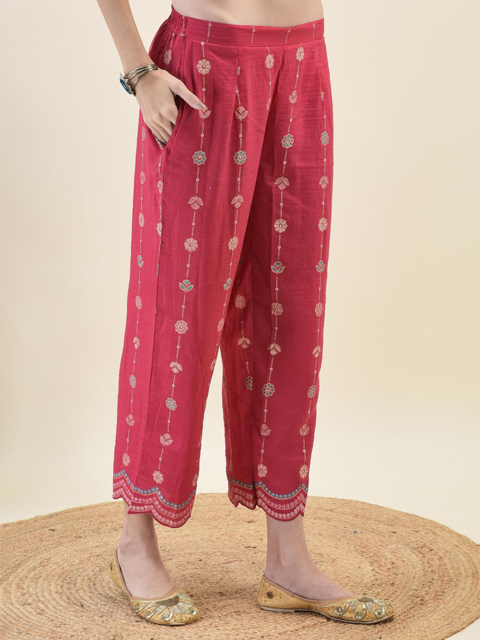 Women Silk Fuchsia Floral Print Kurta Comfort Pant Dupatta.