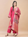 Women Silk Fuchsia Jacquard Kurta Comfort Pant Dupatta.