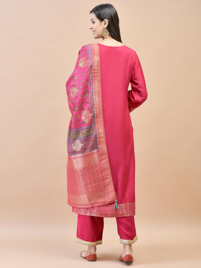 Women Silk Fuchsia Jacquard Kurta Comfort Pant Dupatta.