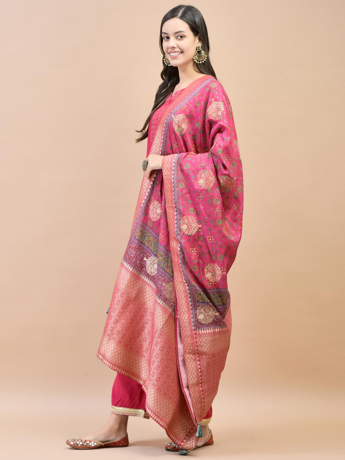 Women Silk Fuchsia Jacquard Kurta Comfort Pant Dupatta.