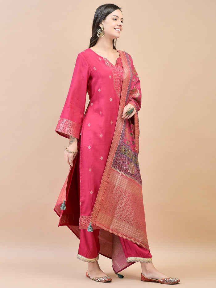 Women Silk Fuchsia Jacquard Kurta Comfort Pant Dupatta.