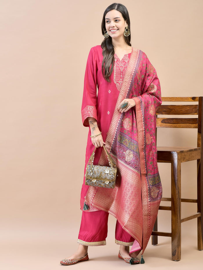 Women Silk Fuchsia Jacquard Kurta Comfort Pant Dupatta.