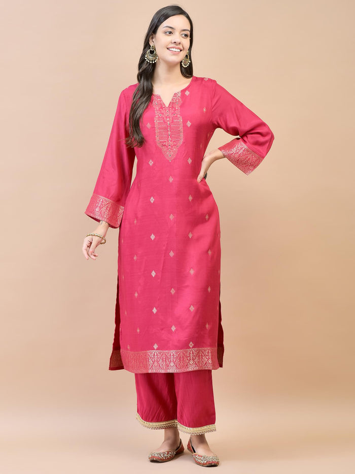 Women Silk Fuchsia Jacquard Kurta Comfort Pant Dupatta.