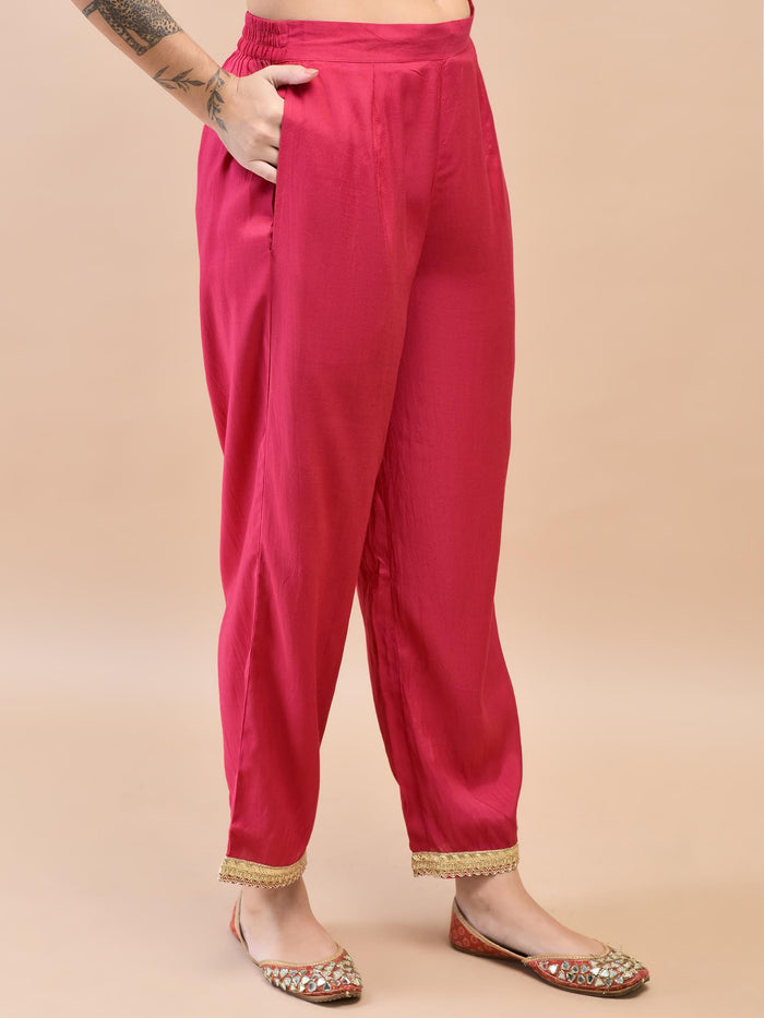 Women Silk Fuchsia Jacquard Kurta Comfort Pant Dupatta.