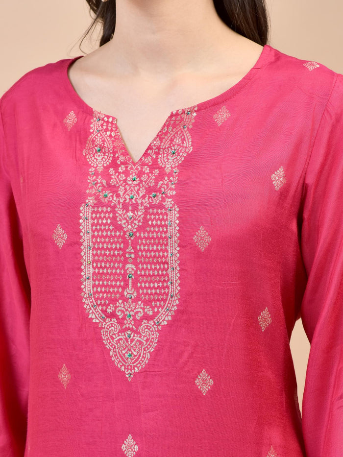 Women Silk Fuchsia Jacquard Kurta Comfort Pant Dupatta.