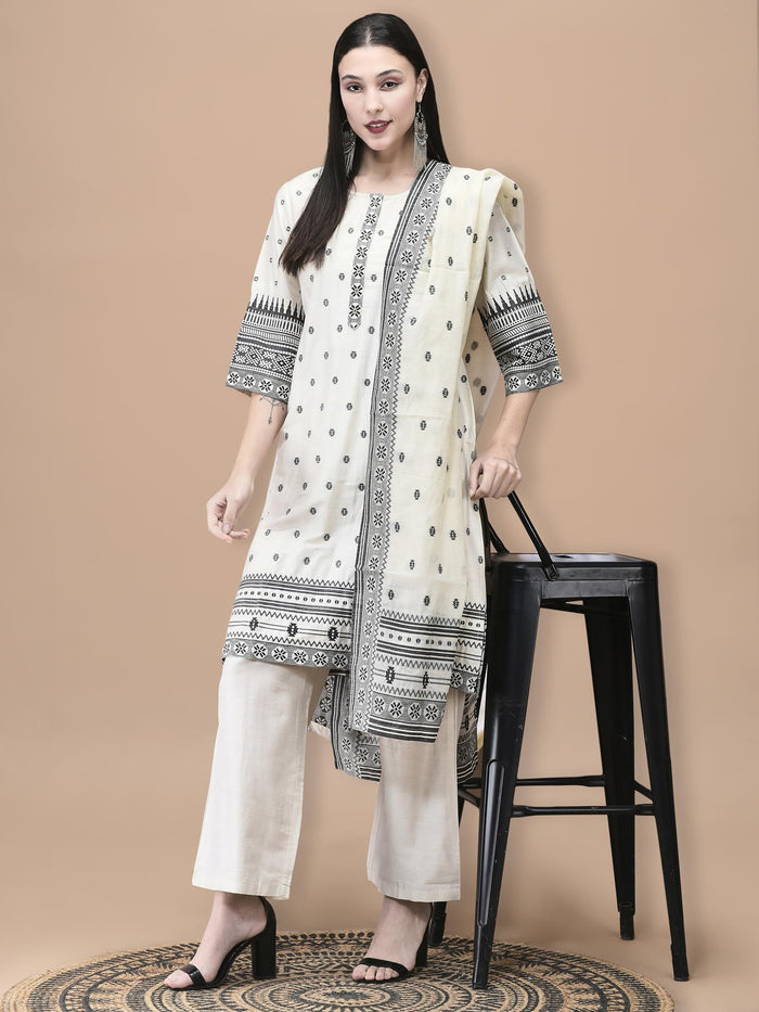 Women Silk Jacquard Beige Solid Kurta Comfort Pant Dupatta.