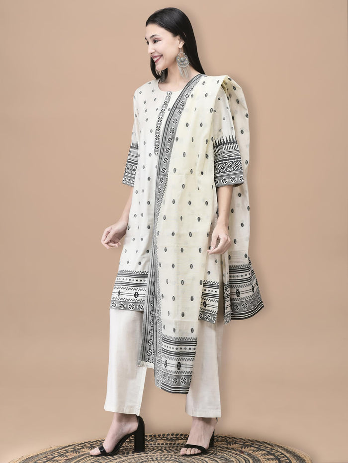 Women Silk Jacquard Beige Solid Kurta Comfort Pant Dupatta.