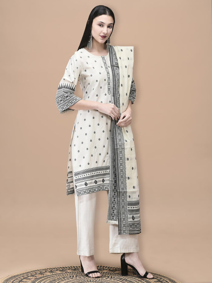 Women Silk Jacquard Beige Solid Kurta Comfort Pant Dupatta.