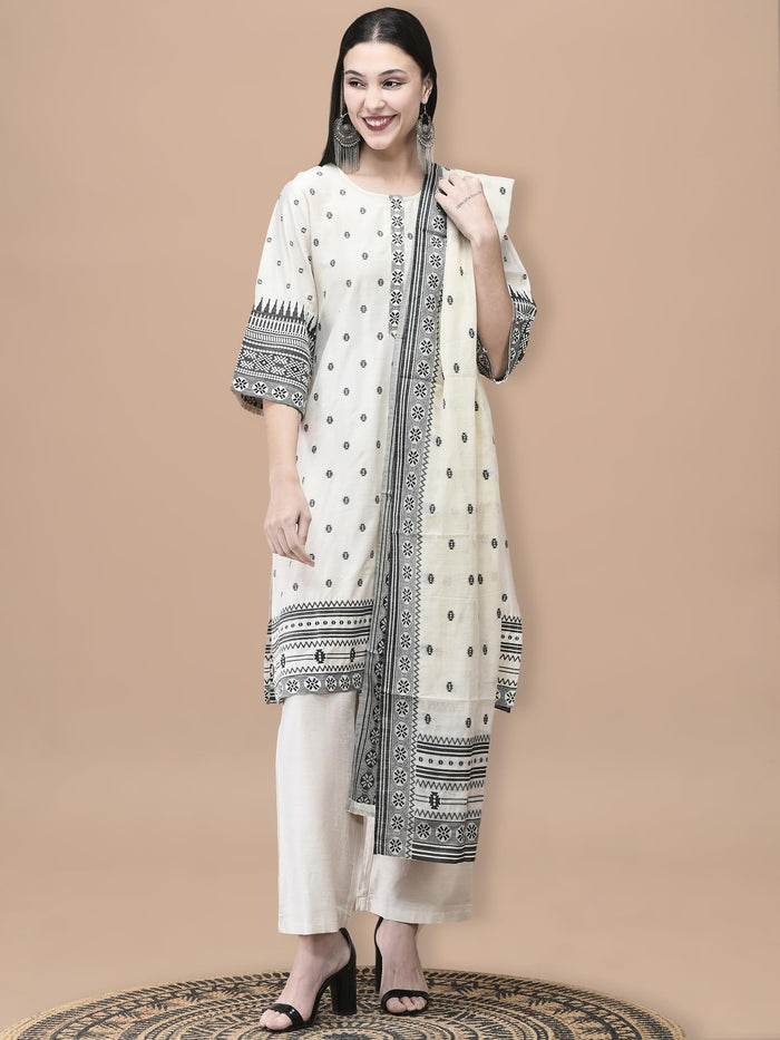 Women Silk Jacquard Beige Solid Kurta Comfort Pant Dupatta.