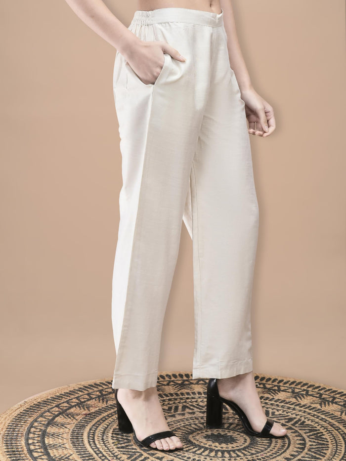 Women Silk Jacquard Beige Solid Kurta Comfort Pant Dupatta.
