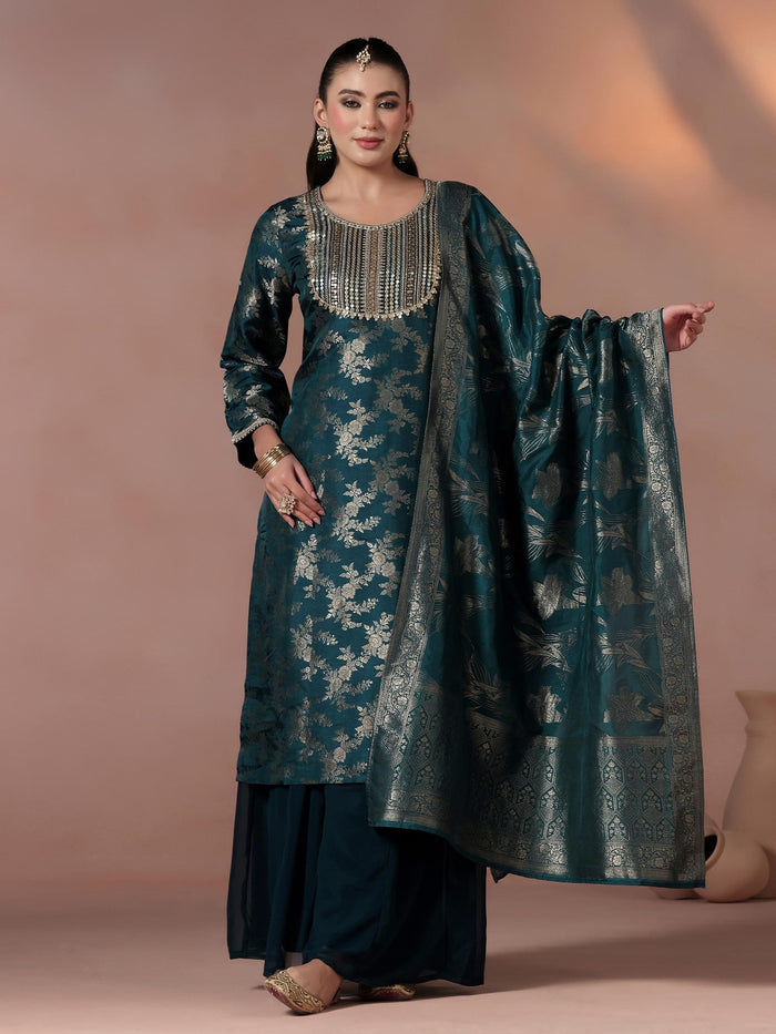 Women Silk Jacquard Blue Woven Kurta Split Pant Dupatta.