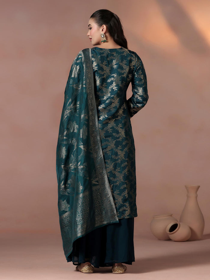 Women Silk Jacquard Blue Woven Kurta Split Pant Dupatta.