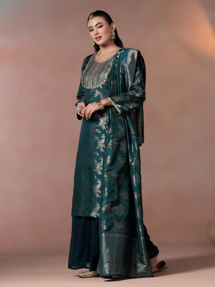 Women Silk Jacquard Blue Woven Kurta Split Pant Dupatta.