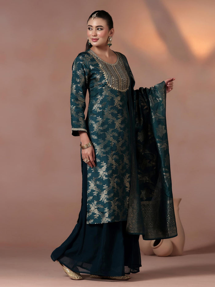 Women Silk Jacquard Blue Woven Kurta Split Pant Dupatta.