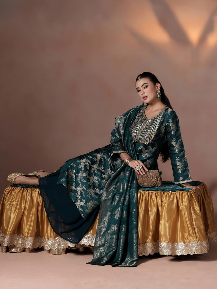 Women Silk Jacquard Blue Woven Kurta Split Pant Dupatta.