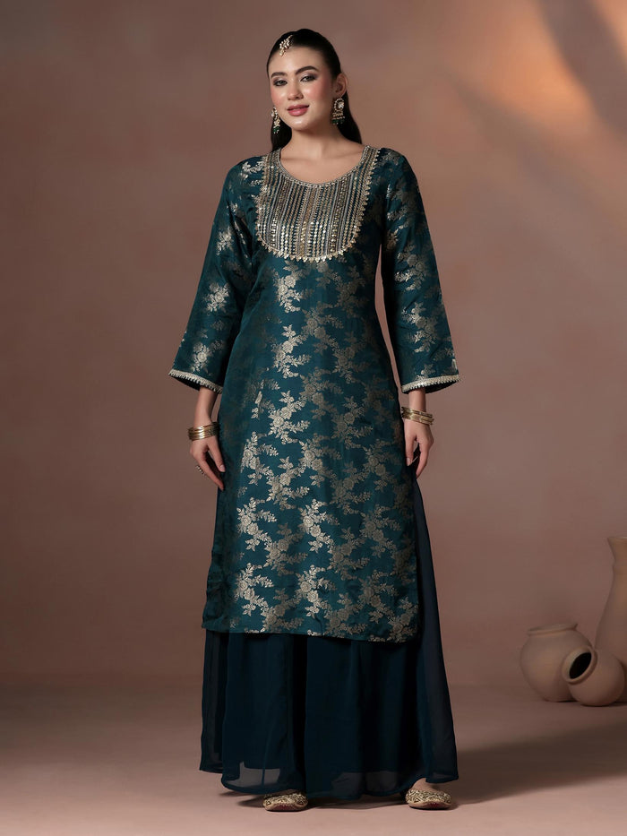 Women Silk Jacquard Blue Woven Kurta Split Pant Dupatta.