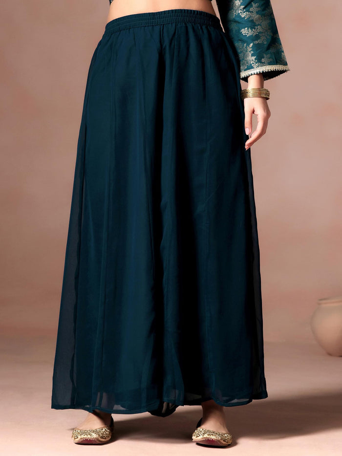 Women Silk Jacquard Blue Woven Kurta Split Pant Dupatta.