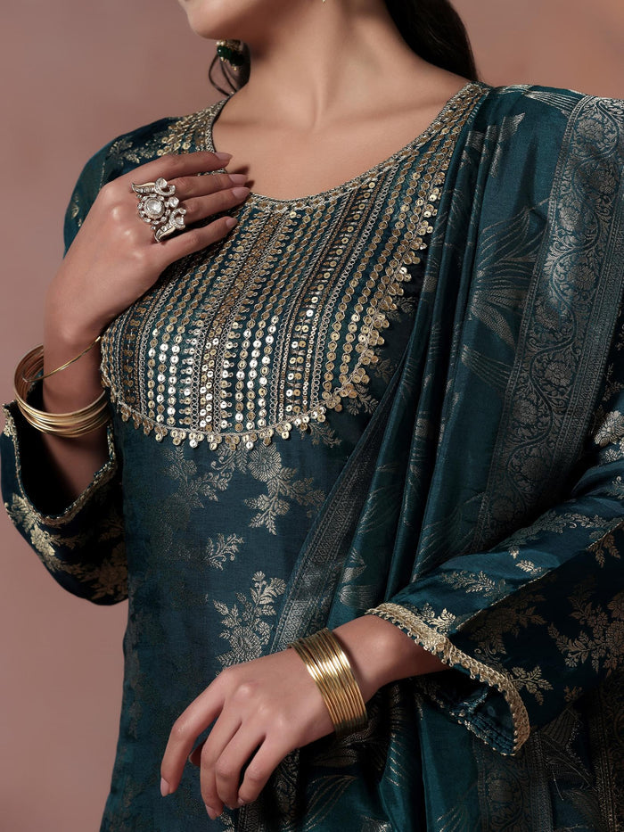 Women Silk Jacquard Blue Woven Kurta Split Pant Dupatta.