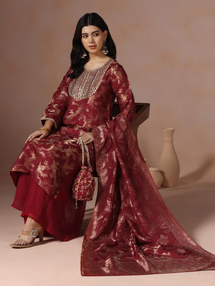 Women Silk Jacquard Maroon Woven Kurta Split Pant Dupatta.