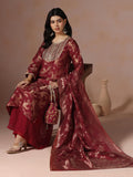 Women Silk Jacquard Maroon Woven Kurta Split Pant Dupatta.
