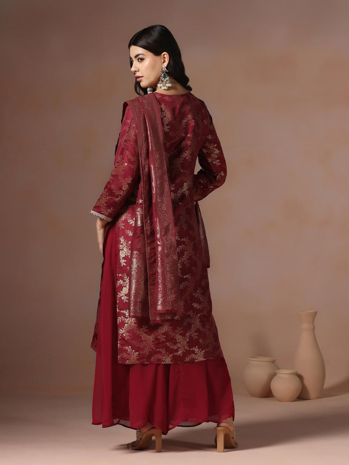 Women Silk Jacquard Maroon Woven Kurta Split Pant Dupatta.