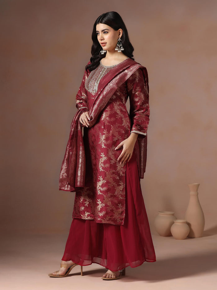 Women Silk Jacquard Maroon Woven Kurta Split Pant Dupatta.