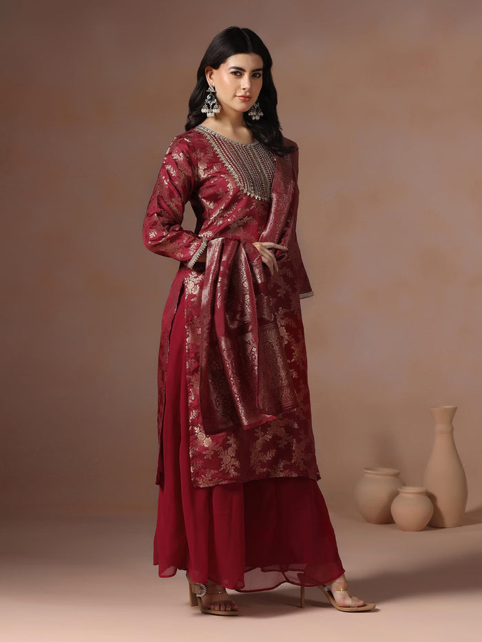 Women Silk Jacquard Maroon Woven Kurta Split Pant Dupatta.