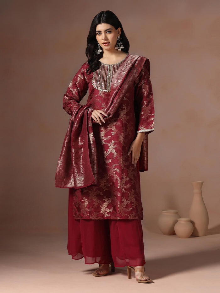 Women Silk Jacquard Maroon Woven Kurta Split Pant Dupatta.