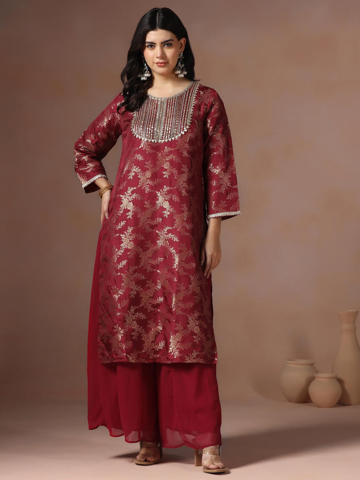 Women Silk Jacquard Maroon Woven Kurta Split Pant Dupatta.
