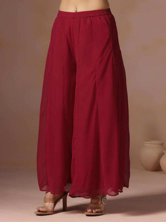 Women Silk Jacquard Maroon Woven Kurta Split Pant Dupatta.