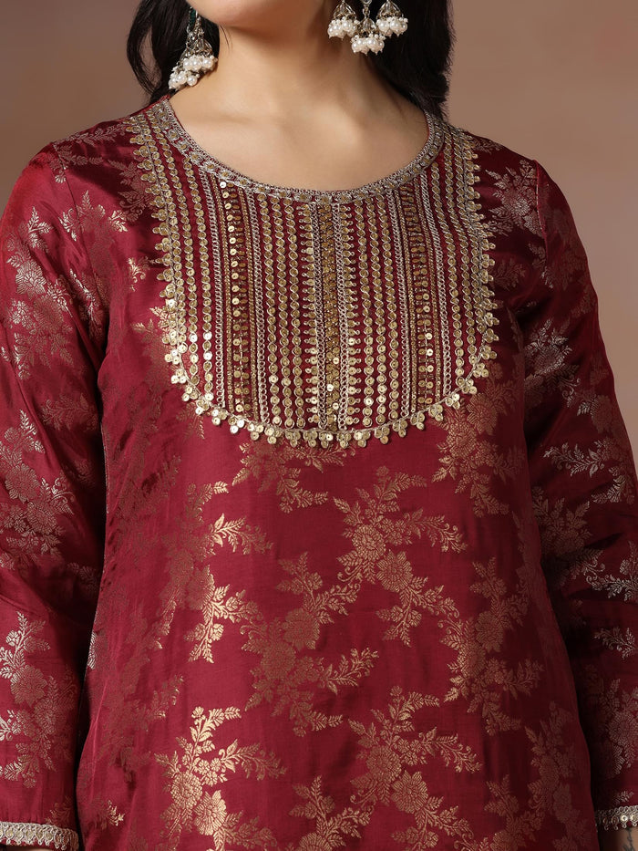 Women Silk Jacquard Maroon Woven Kurta Split Pant Dupatta.
