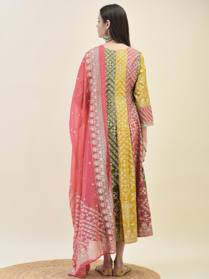 Women Silk Multicolor Ornamental Print Dress With Dupatta.