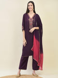 Women Silk Purple Embroidered Kurta Comfort Pant Dupatta.