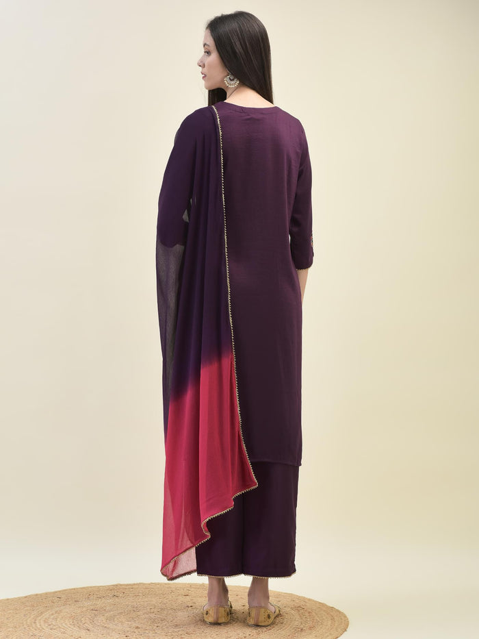 Women Silk Purple Embroidered Kurta Comfort Pant Dupatta.