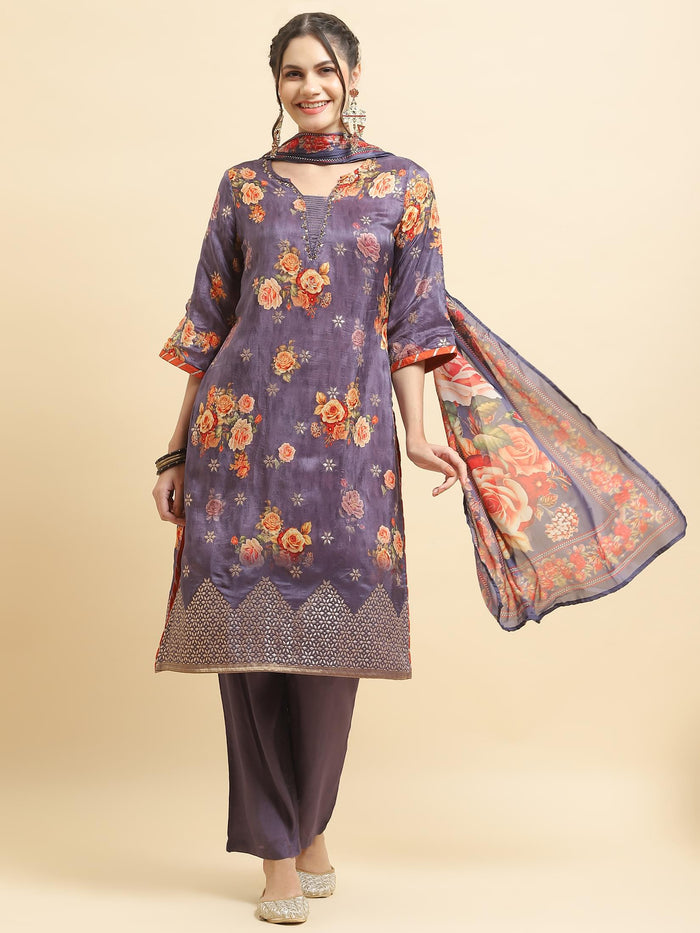 Women Silk Purple Floral Print Kurta Comfort Pant Dupatta.