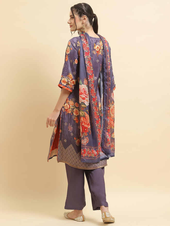 Women Silk Purple Floral Print Kurta Comfort Pant Dupatta.