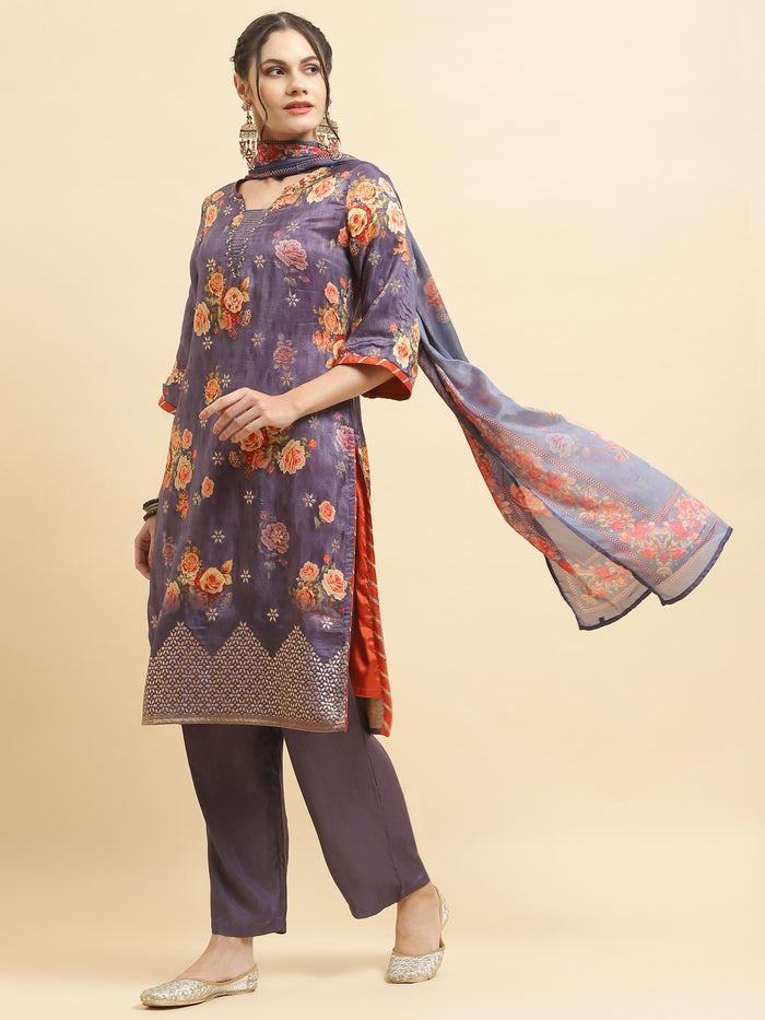 Women Silk Purple Floral Print Kurta Comfort Pant Dupatta.