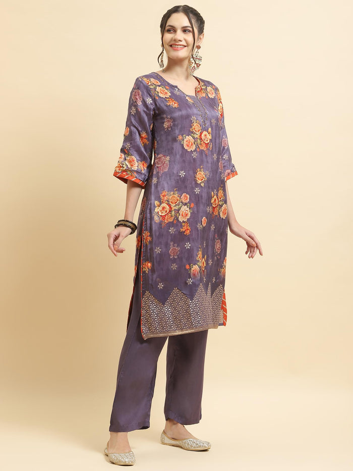 Women Silk Purple Floral Print Kurta Comfort Pant Dupatta.