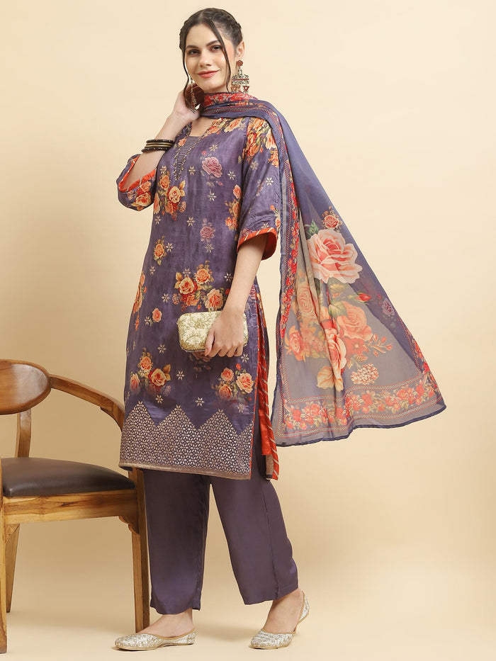 Women Silk Purple Floral Print Kurta Comfort Pant Dupatta.