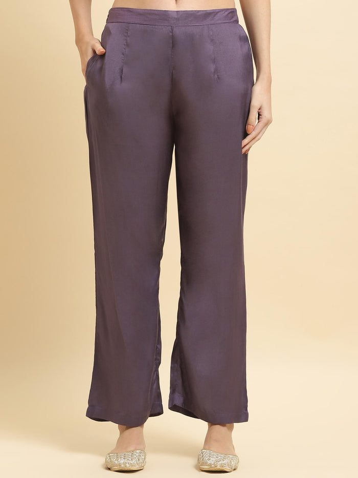 Women Silk Purple Floral Print Kurta Comfort Pant Dupatta.