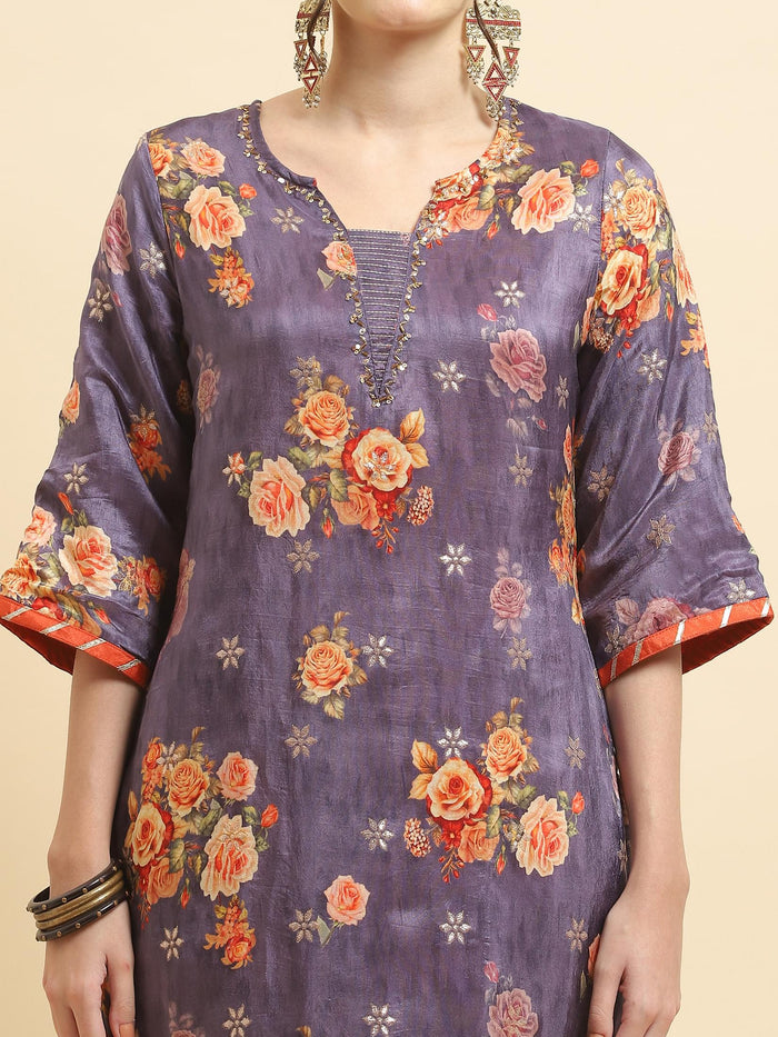Women Silk Purple Floral Print Kurta Comfort Pant Dupatta.