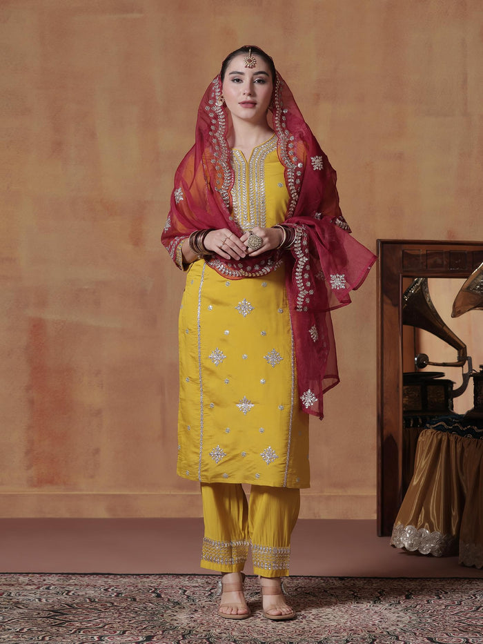Women Silk Yellow Embroidered Kurta Comfort Pant Dupatta.